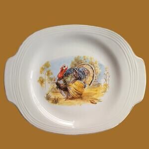 Vintage 1950s White Ceramic Handled Turkey Platter
